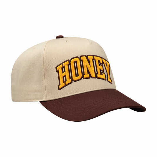 Honey snapback, cream crown with brown brim, HONEY embroidered on the front
